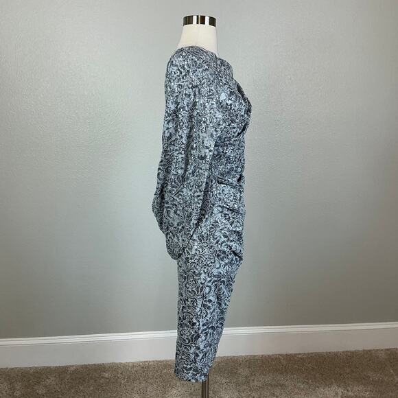 Betsy & Adam Sequined Lace Cocktail Dress Size 8 Blue Draped Back Midi Sheath - Picture 4 of 14